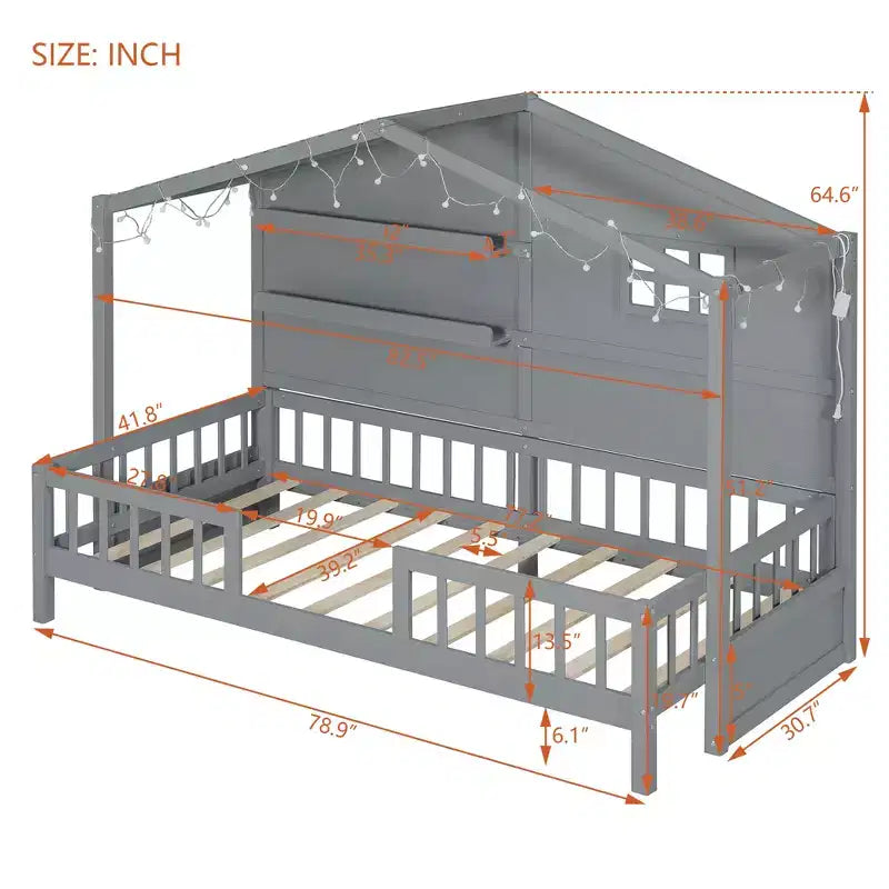 Letto a capanna per bambini con scaffali e sponde, Struttura letto in legno stile Montessori per bambini con finestra e striscia luminosa scintillante
