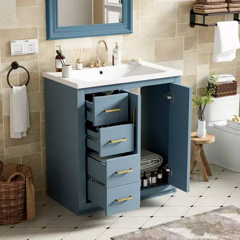 Mobile da bagno da 30" con lavabo singolo, armadietto e 3 cassetti – Nero / Blu / Verde / Indaco / Bianco