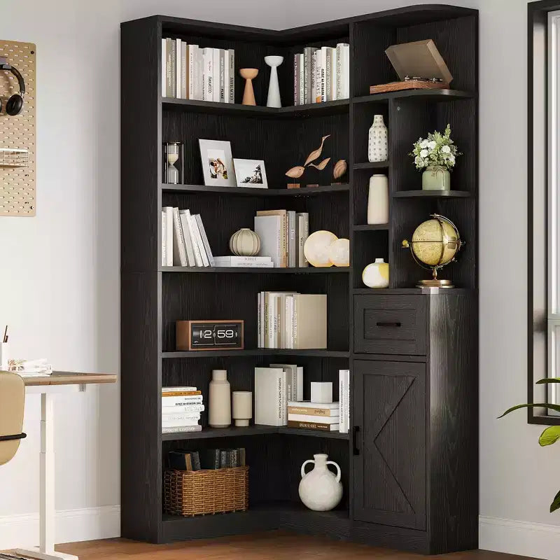 Librerija għall-kantuniera, 74 librerija għolja għall-kantuniera, librerija f'forma ta' L b'6 livelli, xkafef miftuħa u kxaxen tal-ħażna għas-salott jew l-uffiċċju tad-dar