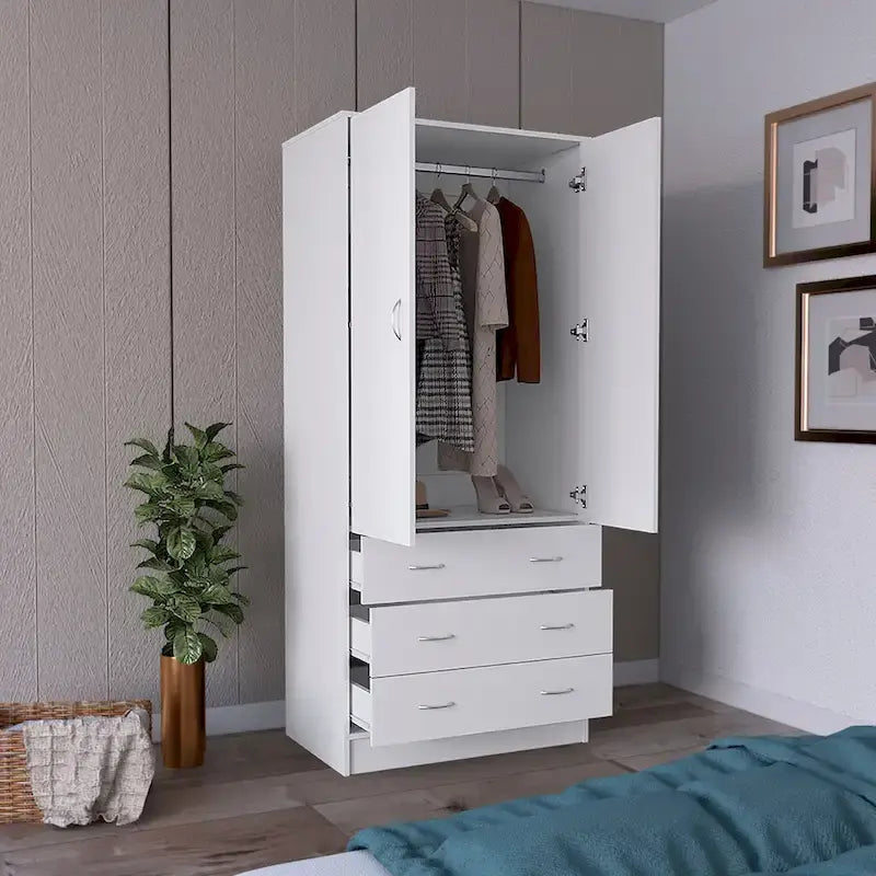 19 moderne kledingkast met twee deuren, 3 laden en 1 kledingroede voor de slaapkamer
