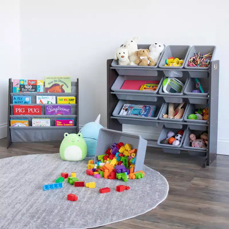 Organizzatore di giocattoli Espresso e grigio con contenitori, 4 ripiani, per bambini dai 3 anni in su