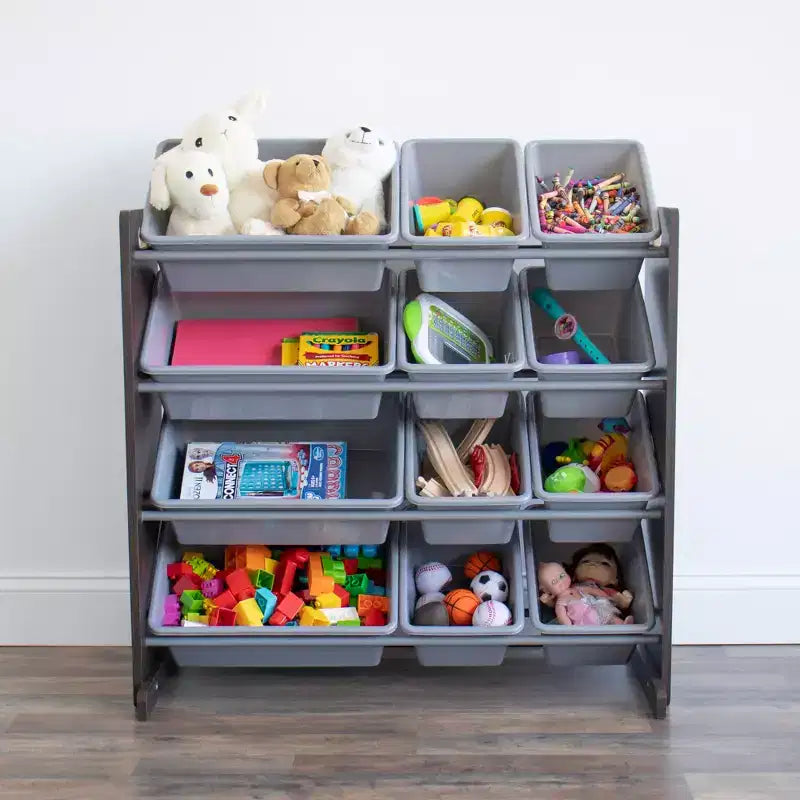 Organizzatore di giocattoli Espresso e grigio con contenitori, 4 ripiani, per bambini dai 3 anni in su