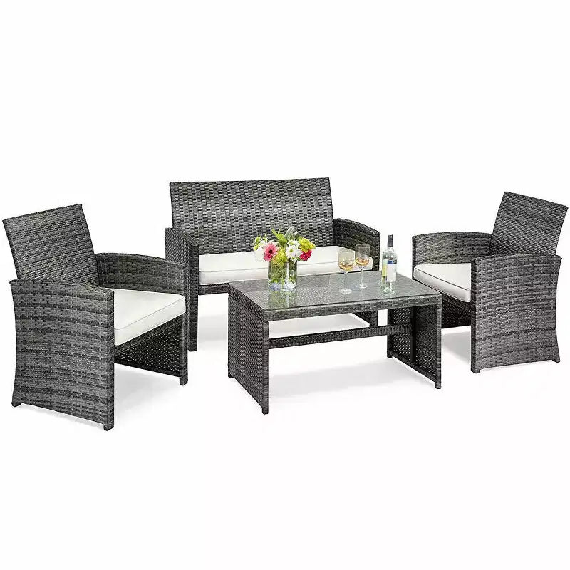 Costway Set Mobili da Giardino in Rattan 4 Pezzi con Tavolino con Piano in Vetro Divano Imbottito Bianco