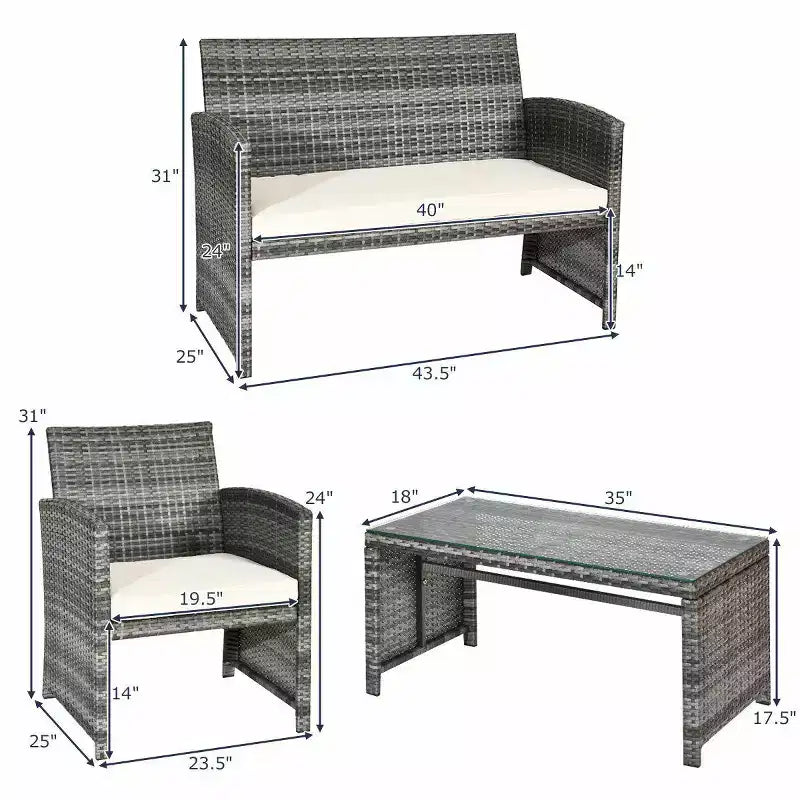 Costway Set Mobili da Giardino in Rattan 4 Pezzi con Tavolino con Piano in Vetro Divano Imbottito Bianco