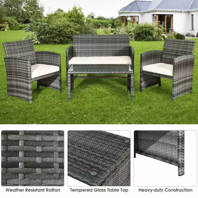 Costway Set Mobili da Giardino in Rattan 4 Pezzi con Tavolino con Piano in Vetro Divano Imbottito Bianco