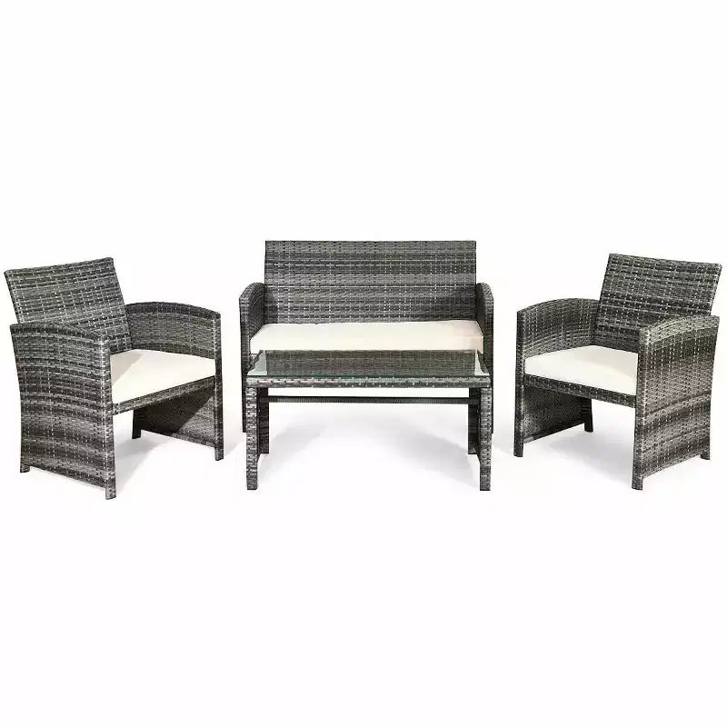 Costway Set Mobili da Giardino in Rattan 4 Pezzi con Tavolino con Piano in Vetro Divano Imbottito Bianco