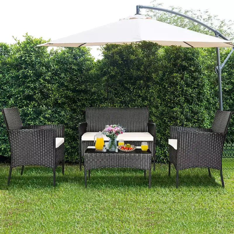 Set di mobili da giardino Costway 4 pezzi in vimini, set da conversazione per esterni