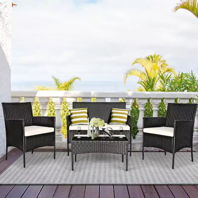 Set di mobili da giardino Costway 4 pezzi in vimini, set da conversazione per esterni
