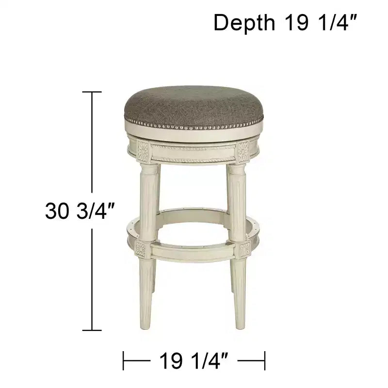 Sgabello da bar girevole imbottito rotondo grigio, 1 posto, struttura in legno bianco anticato