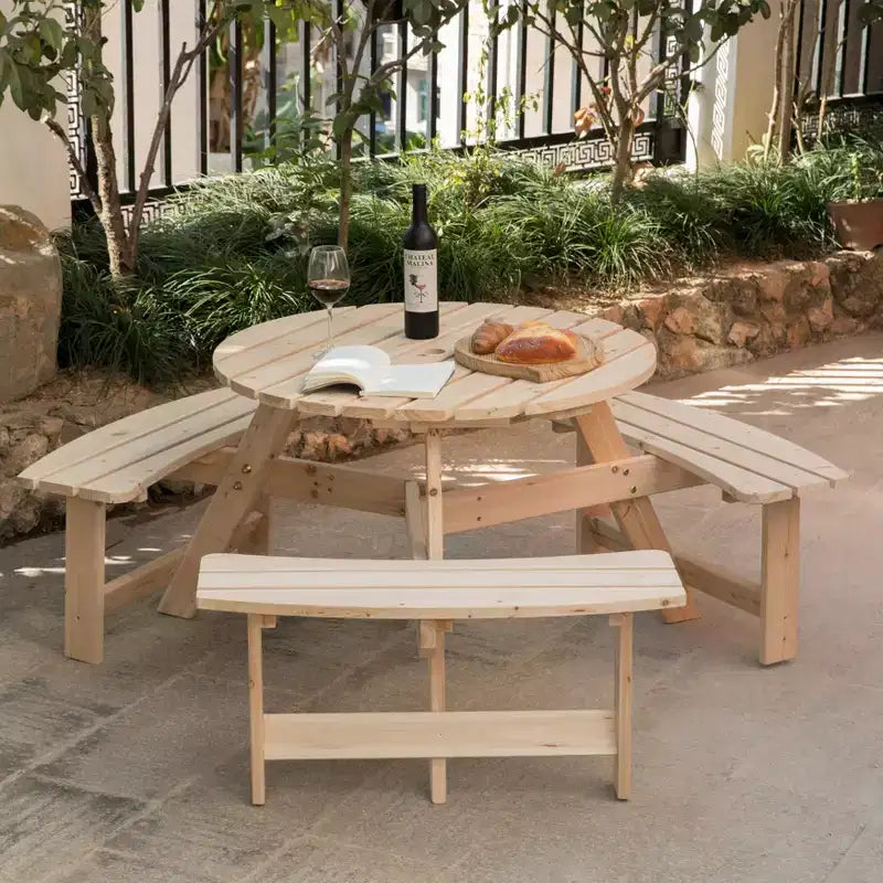 Tavolo da picnic rotondo in legno Gardenised per esterno con panca per patio, 6 posti con foro per ombrellone