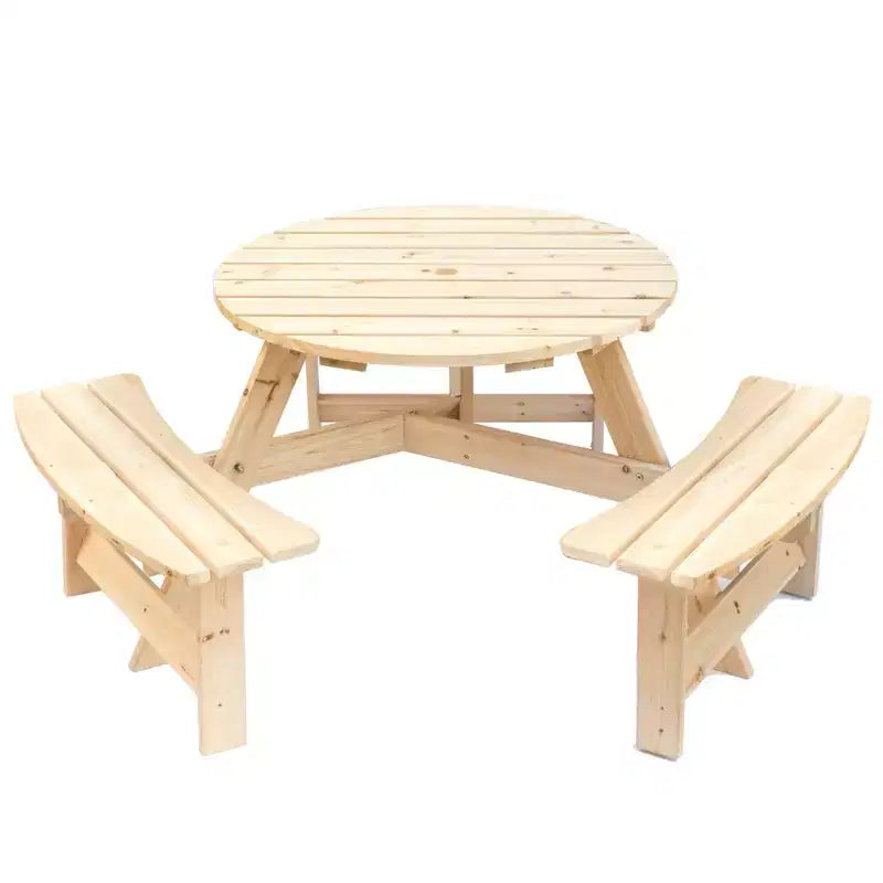 Tavolo da picnic rotondo in legno Gardenised per esterno con panca per patio, 6 posti con foro per ombrellone
