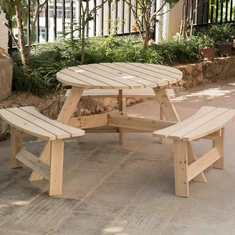 Tavolo da picnic rotondo in legno Gardenised per esterno con panca per patio, 6 posti con foro per ombrellone