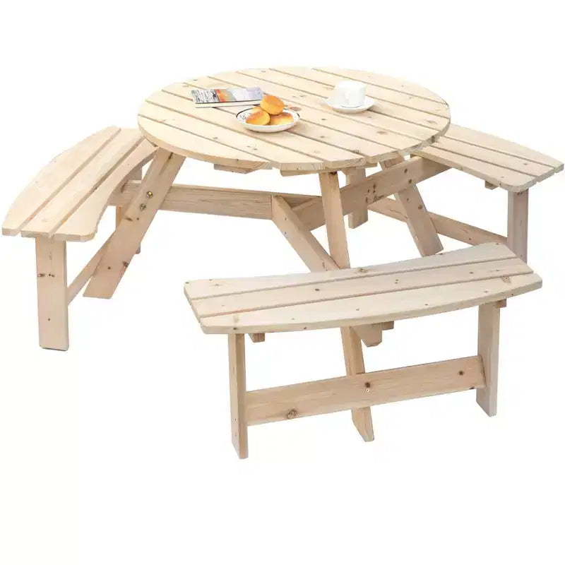 Tavolo da picnic rotondo in legno Gardenised per esterno con panca per patio, 6 posti con foro per ombrellone