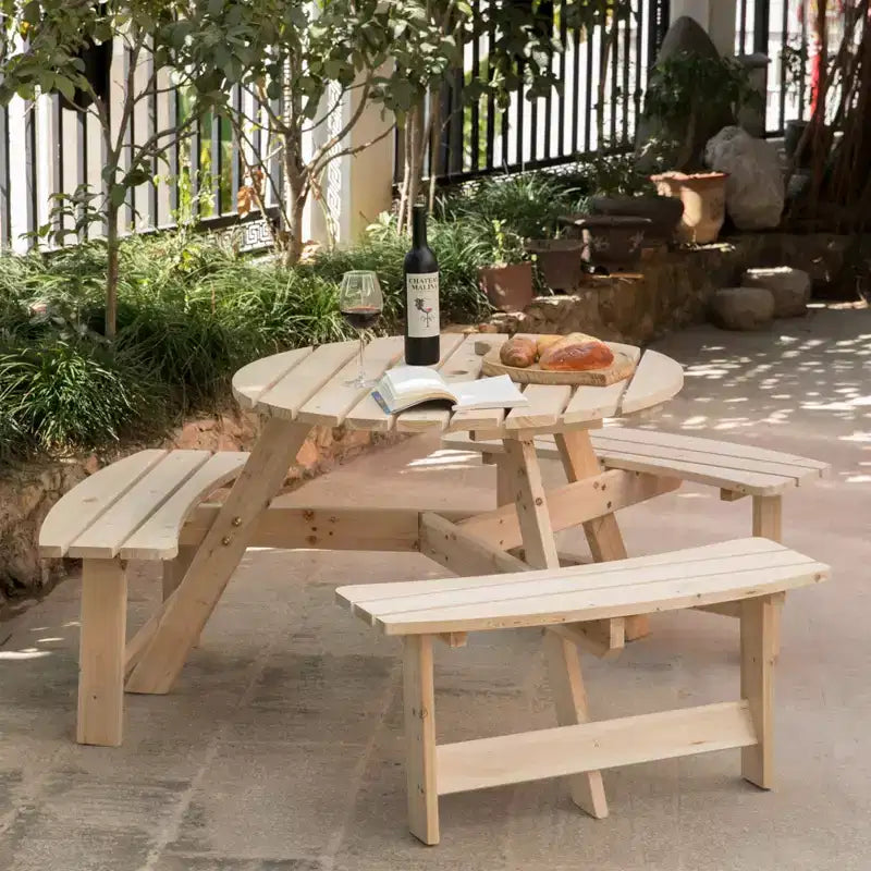 Tavolo da picnic rotondo in legno Gardenised per esterno con panca per patio, 6 posti con foro per ombrellone