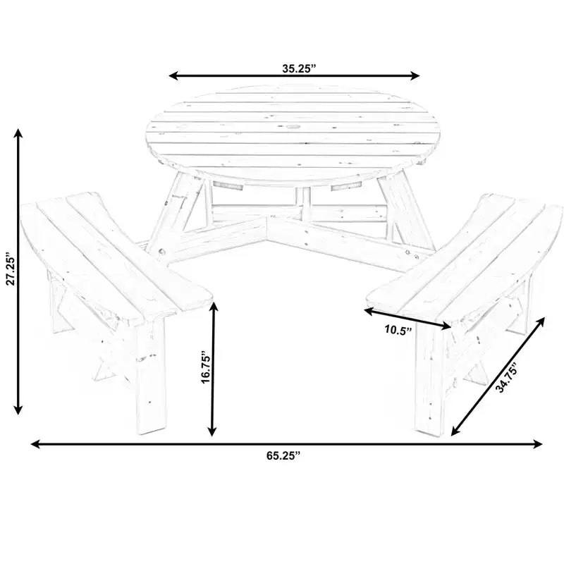 Tavolo da picnic rotondo in legno Gardenised per esterno con panca per patio, 6 posti con foro per ombrellone