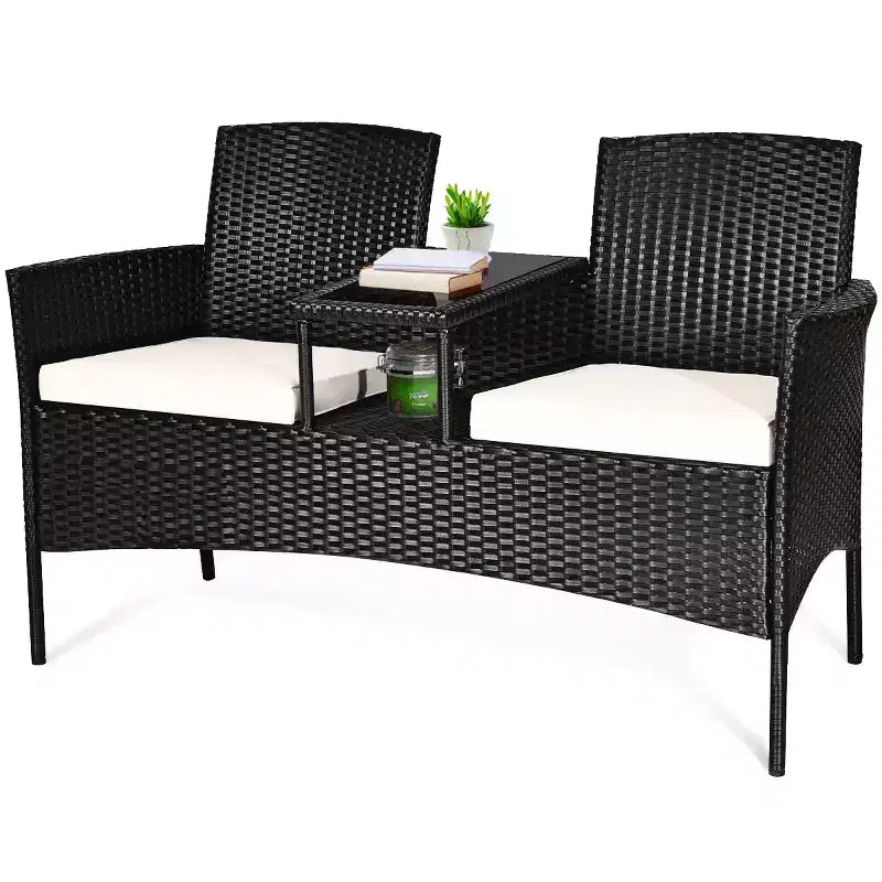 Set Salotto da Giardino in Rattan Costway con Divano, Cuscini, Tavolino in Vetro e Sedie