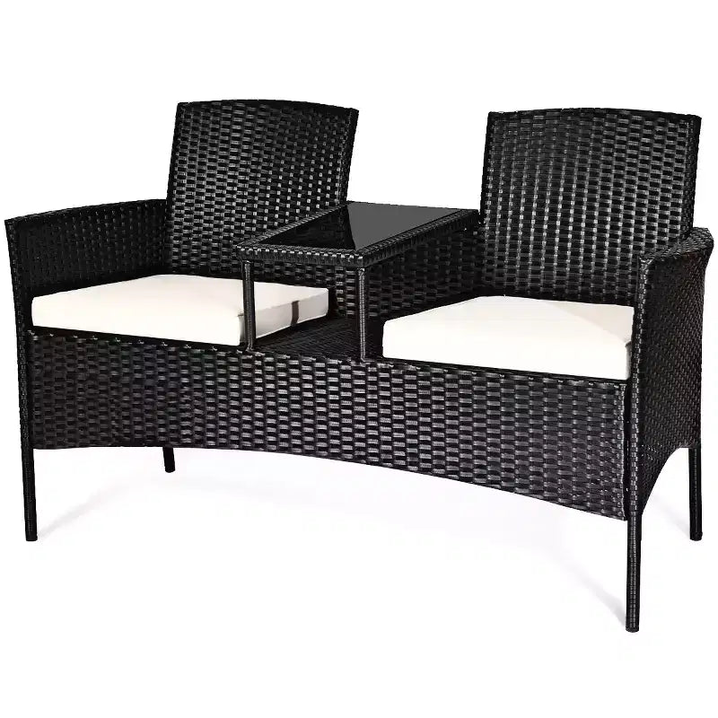 Set Salotto da Giardino in Rattan Costway con Divano, Cuscini, Tavolino in Vetro e Sedie