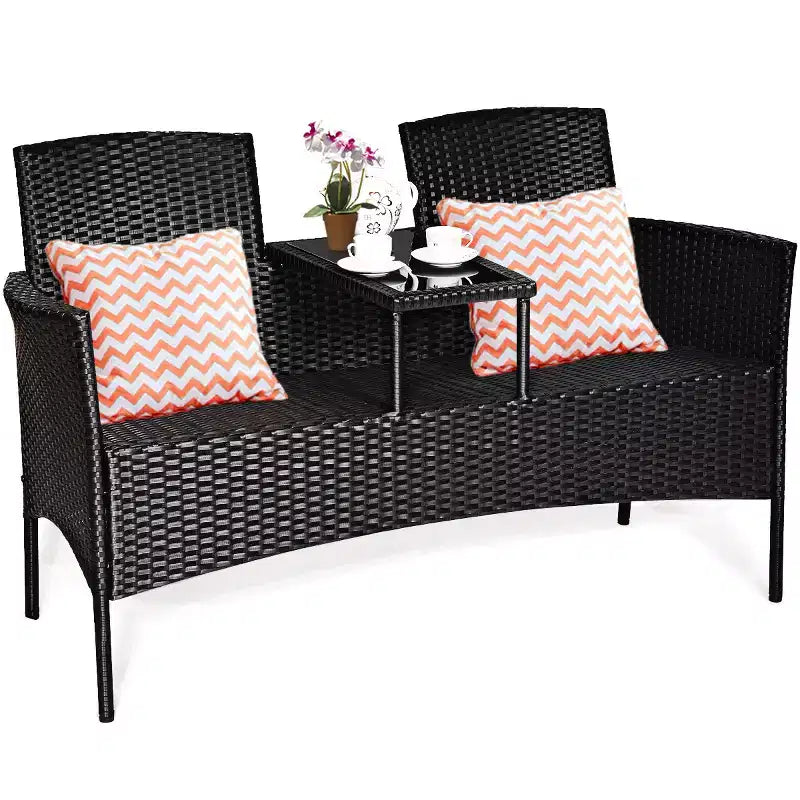 Set Salotto da Giardino in Rattan Costway con Divano, Cuscini, Tavolino in Vetro e Sedie