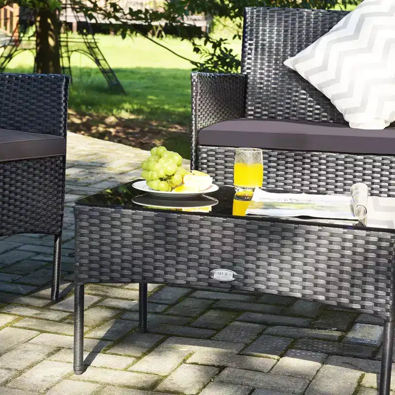 Costway Set Arredamento da Giardino 4 Pezzi con Divano in Rattan Cuscini e Tavolino da Caffè Turchese/Rosso/Bianco/Grigio/Blu scuro