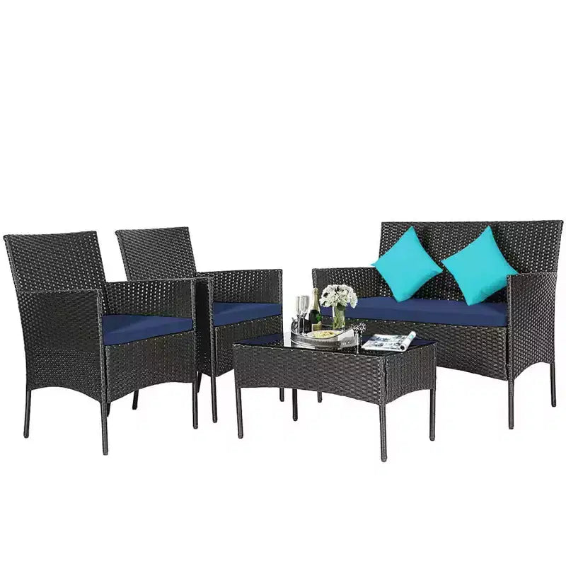 Costway Set Arredamento da Giardino 4 Pezzi con Divano in Rattan Cuscini e Tavolino da Caffè Turchese/Rosso/Bianco/Grigio/Blu scuro