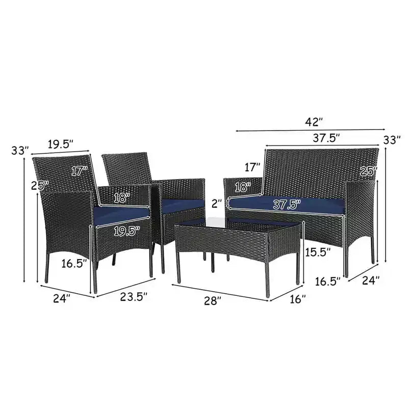 Costway Set Arredamento da Giardino 4 Pezzi con Divano in Rattan Cuscini e Tavolino da Caffè Turchese/Rosso/Bianco/Grigio/Blu scuro