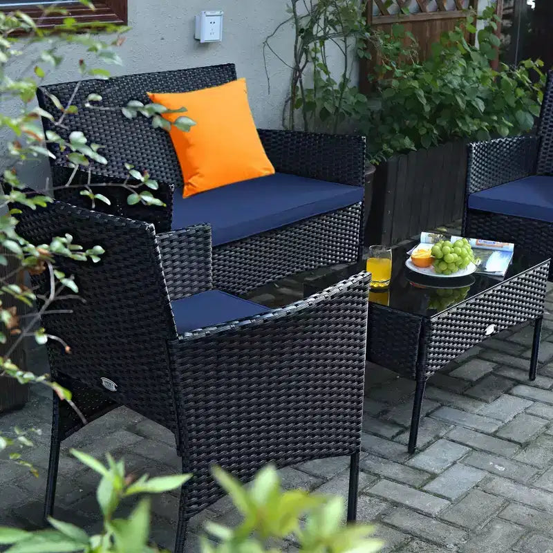Costway Set Arredamento da Giardino 4 Pezzi con Divano in Rattan Cuscini e Tavolino da Caffè Turchese/Rosso/Bianco/Grigio/Blu scuro