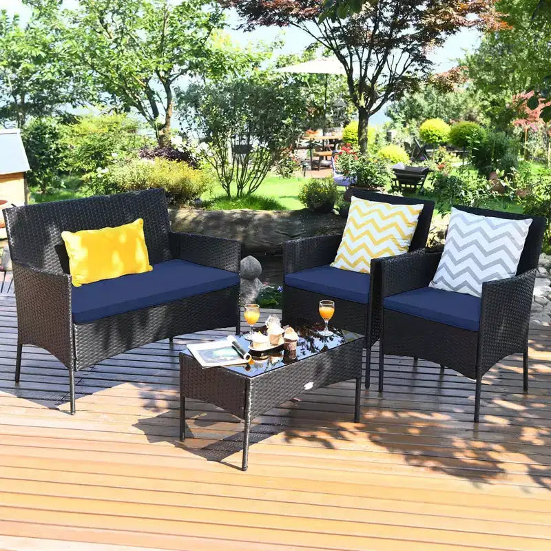 Costway Set Arredamento da Giardino 4 Pezzi con Divano in Rattan Cuscini e Tavolino da Caffè Turchese/Rosso/Bianco/Grigio/Blu scuro