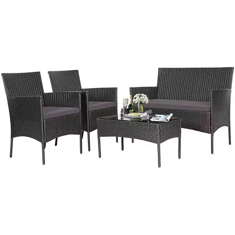 Costway Set Arredamento da Giardino 4 Pezzi con Divano in Rattan Cuscini e Tavolino da Caffè Turchese/Rosso/Bianco/Grigio/Blu scuro