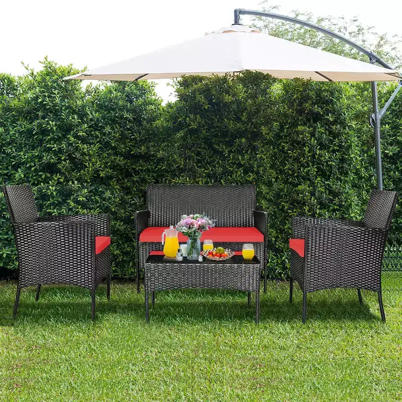 Costway Set Arredamento da Giardino 4 Pezzi con Divano in Rattan Cuscini e Tavolino da Caffè Turchese/Rosso/Bianco/Grigio/Blu scuro