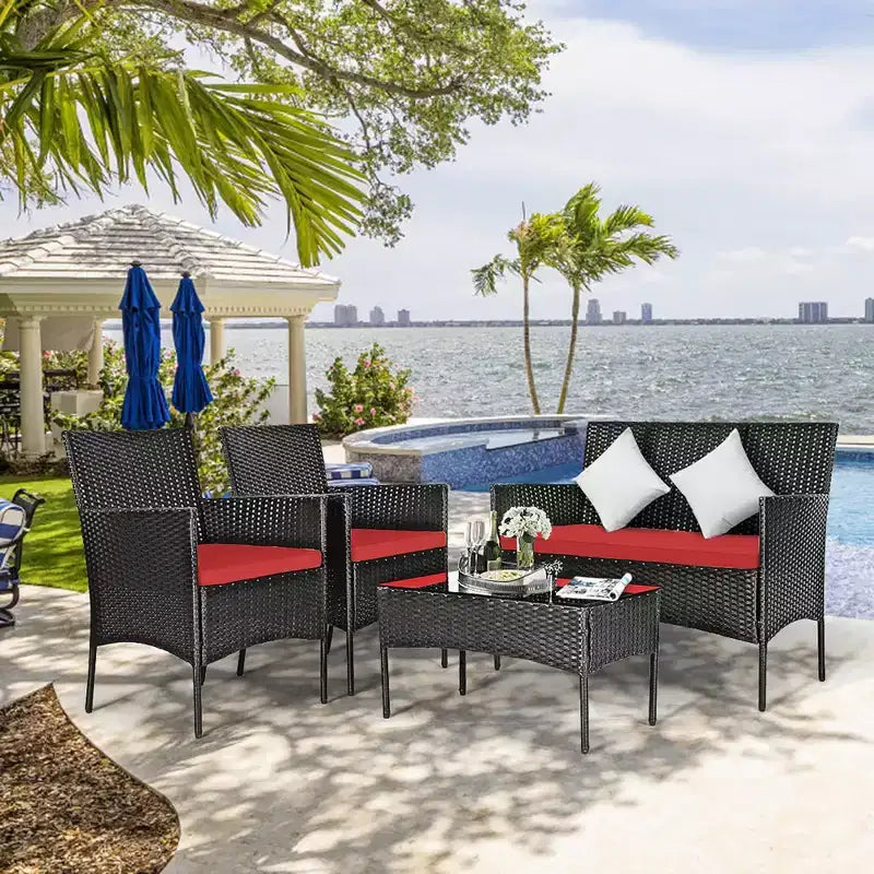 Costway Set Arredamento da Giardino 4 Pezzi con Divano in Rattan Cuscini e Tavolino da Caffè Turchese/Rosso/Bianco/Grigio/Blu scuro