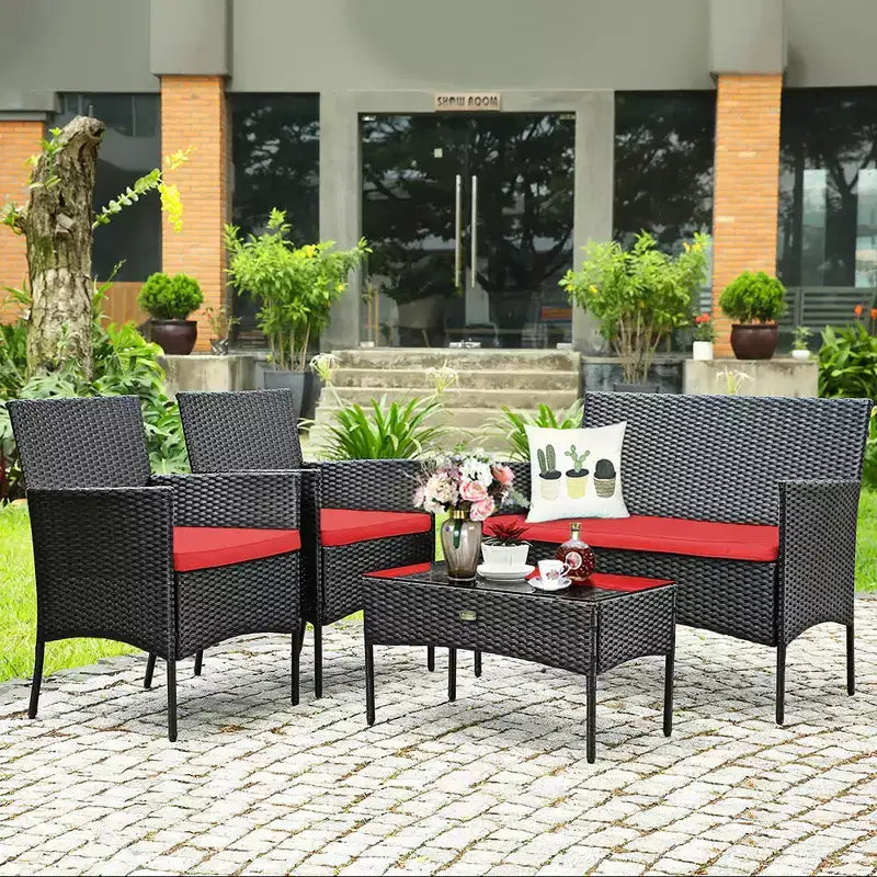 Costway Set Arredamento da Giardino 4 Pezzi con Divano in Rattan Cuscini e Tavolino da Caffè Turchese/Rosso/Bianco/Grigio/Blu scuro