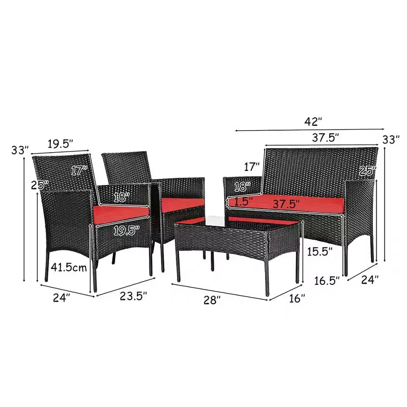 Costway Set Arredamento da Giardino 4 Pezzi con Divano in Rattan Cuscini e Tavolino da Caffè Turchese/Rosso/Bianco/Grigio/Blu scuro