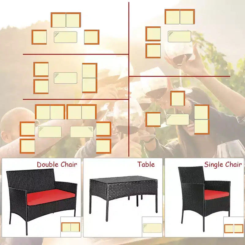 Costway Set Arredamento da Giardino 4 Pezzi con Divano in Rattan Cuscini e Tavolino da Caffè Turchese/Rosso/Bianco/Grigio/Blu scuro