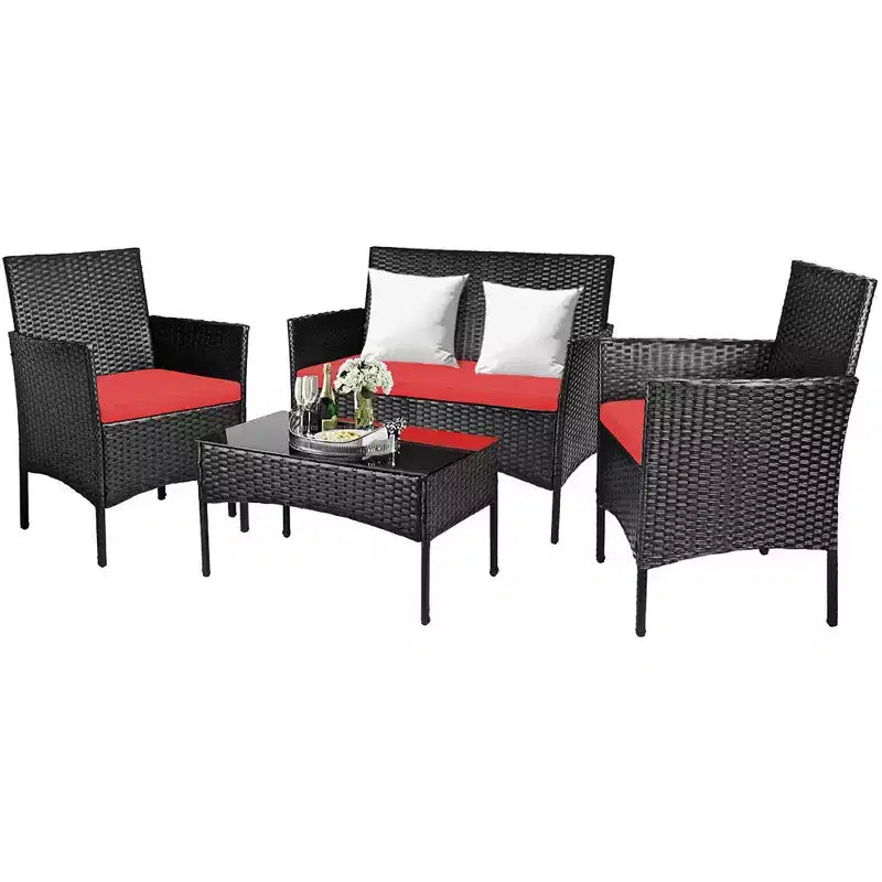 Costway Set Arredamento da Giardino 4 Pezzi con Divano in Rattan Cuscini e Tavolino da Caffè Turchese/Rosso/Bianco/Grigio/Blu scuro