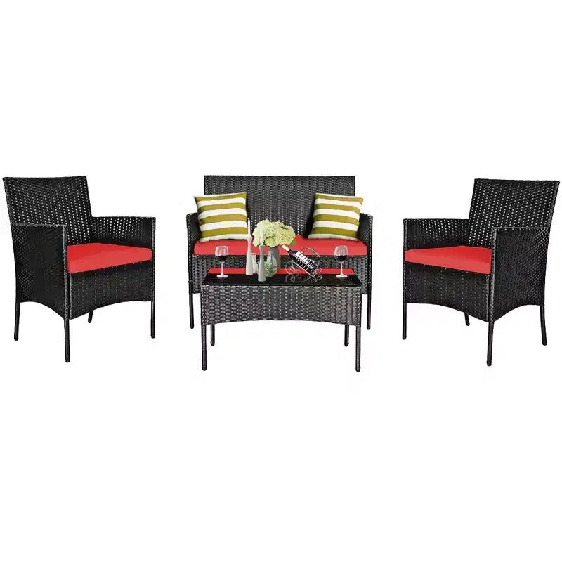 Costway Set Arredamento da Giardino 4 Pezzi con Divano in Rattan Cuscini e Tavolino da Caffè Turchese/Rosso/Bianco/Grigio/Blu scuro