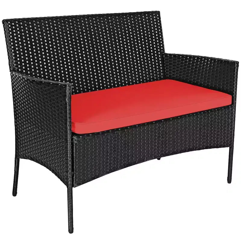 Costway Set Arredamento da Giardino 4 Pezzi con Divano in Rattan Cuscini e Tavolino da Caffè Turchese/Rosso/Bianco/Grigio/Blu scuro