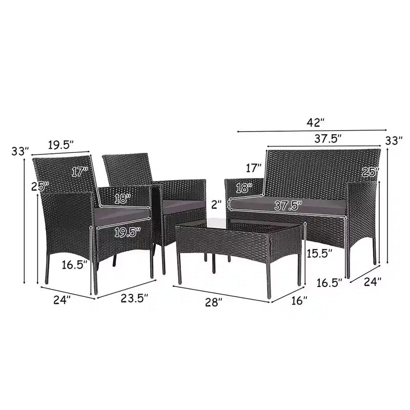 Costway Set Arredamento da Giardino 4 Pezzi con Divano in Rattan Cuscini e Tavolino da Caffè Turchese/Rosso/Bianco/Grigio/Blu scuro