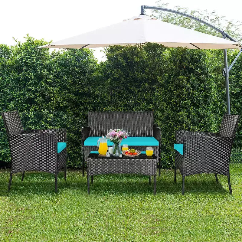 Costway Set Arredamento da Giardino 4 Pezzi con Divano in Rattan Cuscini e Tavolino da Caffè Turchese/Rosso/Bianco/Grigio/Blu scuro