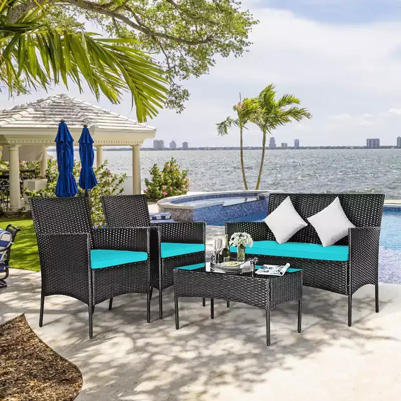 Costway Set Arredamento da Giardino 4 Pezzi con Divano in Rattan Cuscini e Tavolino da Caffè Turchese/Rosso/Bianco/Grigio/Blu scuro