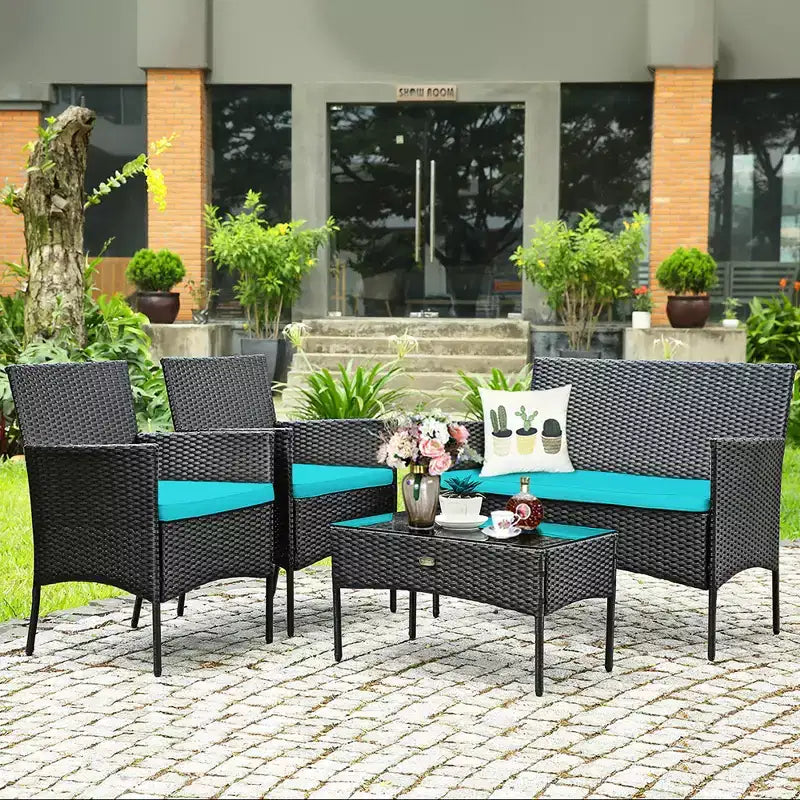 Costway Set Arredamento da Giardino 4 Pezzi con Divano in Rattan Cuscini e Tavolino da Caffè Turchese/Rosso/Bianco/Grigio/Blu scuro