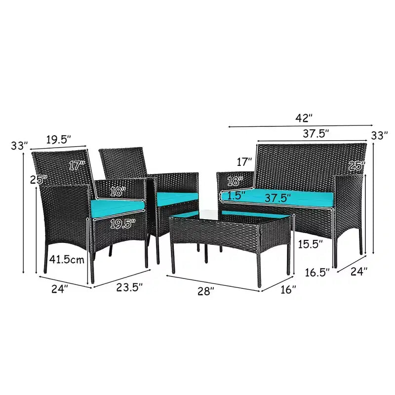 Costway Set Arredamento da Giardino 4 Pezzi con Divano in Rattan Cuscini e Tavolino da Caffè Turchese/Rosso/Bianco/Grigio/Blu scuro