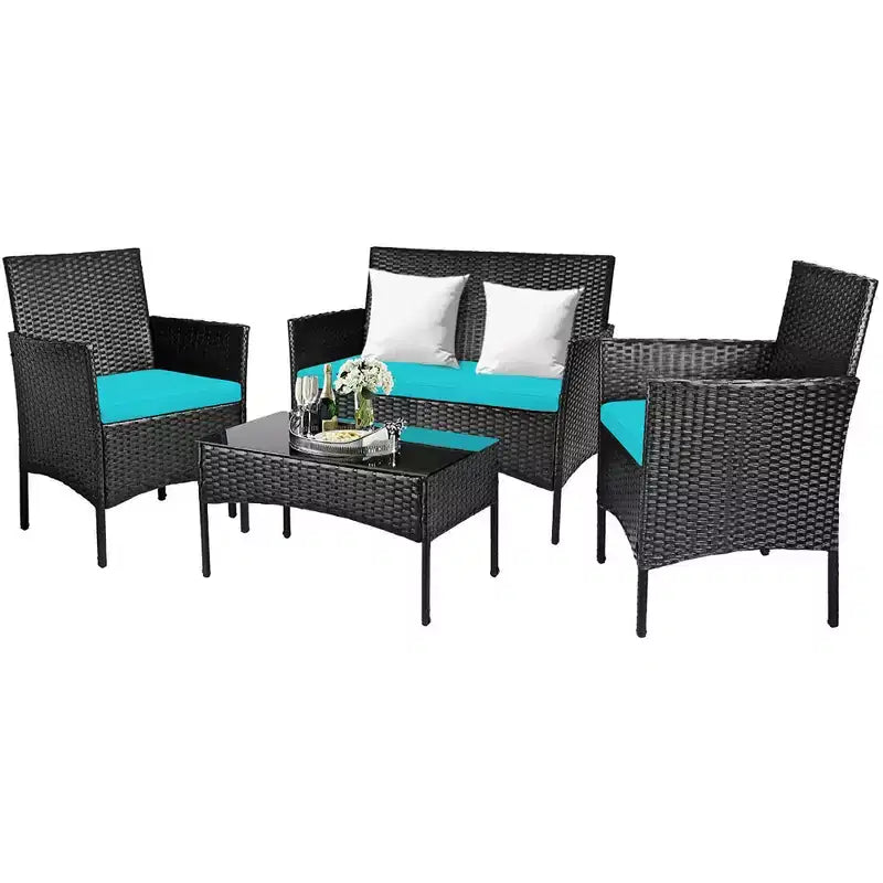 Costway Set Arredamento da Giardino 4 Pezzi con Divano in Rattan Cuscini e Tavolino da Caffè Turchese/Rosso/Bianco/Grigio/Blu scuro