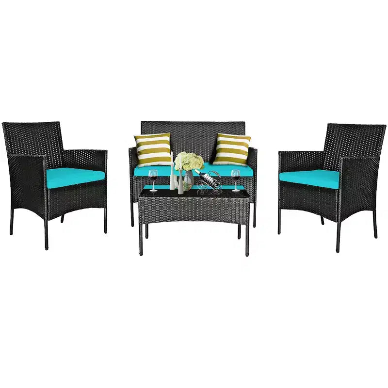 Costway Set Arredamento da Giardino 4 Pezzi con Divano in Rattan Cuscini e Tavolino da Caffè Turchese/Rosso/Bianco/Grigio/Blu scuro
