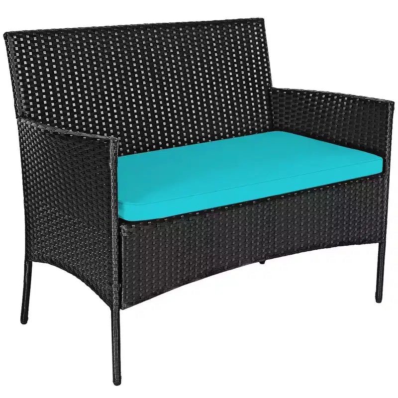 Costway Set Arredamento da Giardino 4 Pezzi con Divano in Rattan Cuscini e Tavolino da Caffè Turchese/Rosso/Bianco/Grigio/Blu scuro