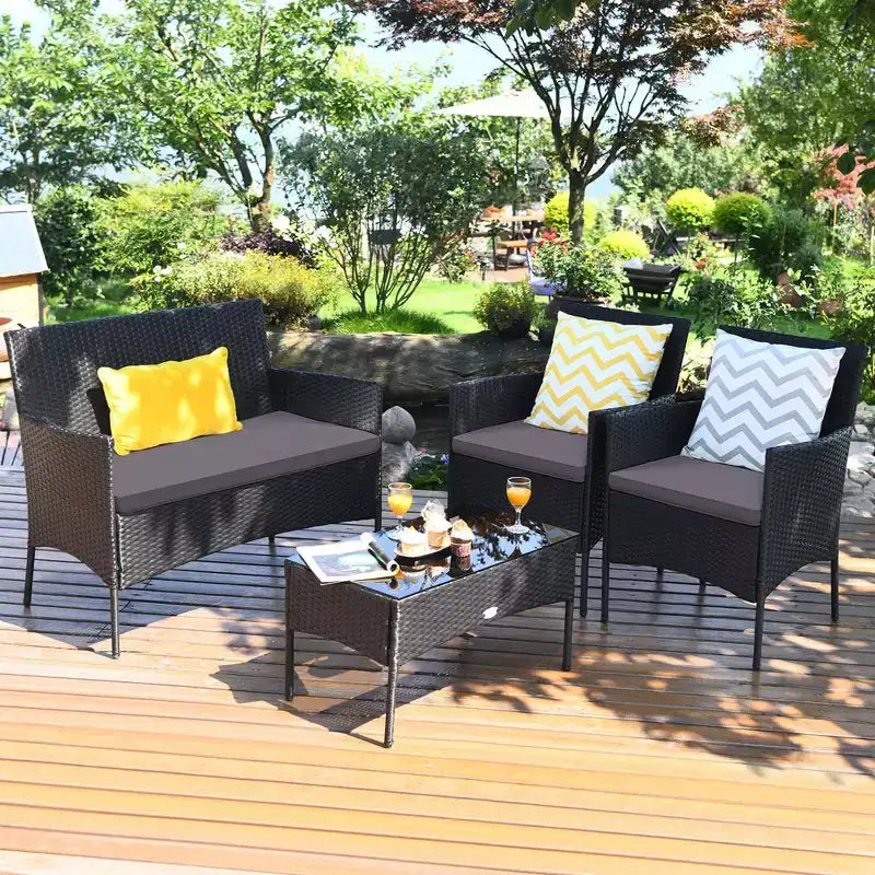 Costway Set Arredamento da Giardino 4 Pezzi con Divano in Rattan Cuscini e Tavolino da Caffè Turchese/Rosso/Bianco/Grigio/Blu scuro