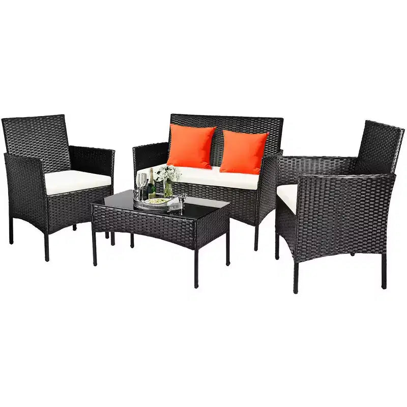 Costway Set Arredamento da Giardino 4 Pezzi con Divano in Rattan Cuscini e Tavolino da Caffè Turchese/Rosso/Bianco/Grigio/Blu scuro