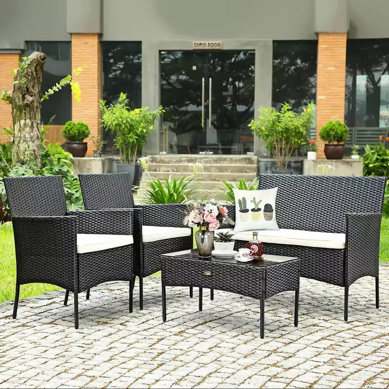 Costway Set Arredamento da Giardino 4 Pezzi con Divano in Rattan Cuscini e Tavolino da Caffè Turchese/Rosso/Bianco/Grigio/Blu scuro