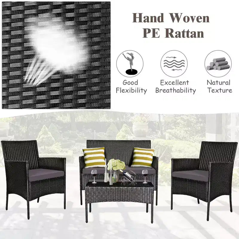 Costway Set Arredamento da Giardino 4 Pezzi con Divano in Rattan Cuscini e Tavolino da Caffè Turchese/Rosso/Bianco/Grigio/Blu scuro