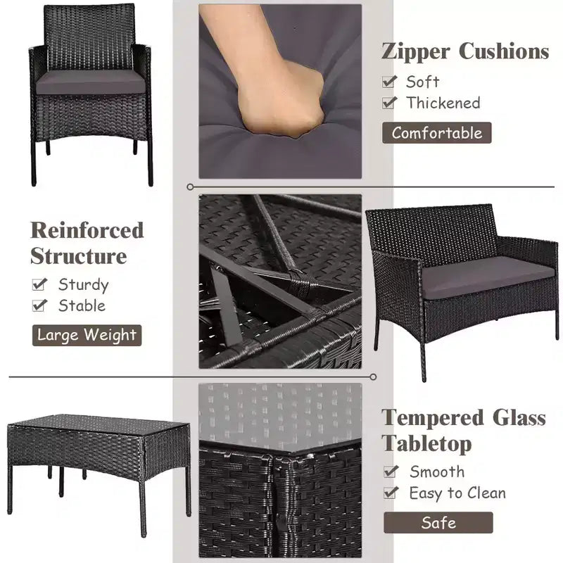 Costway Set Arredamento da Giardino 4 Pezzi con Divano in Rattan Cuscini e Tavolino da Caffè Turchese/Rosso/Bianco/Grigio/Blu scuro