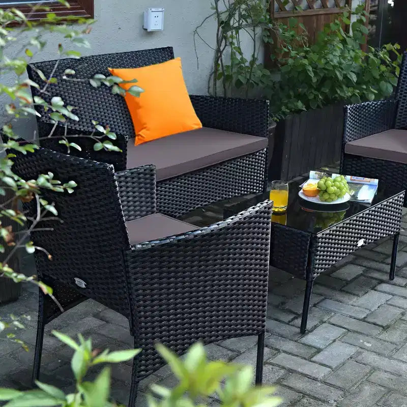 Costway Set Arredamento da Giardino 4 Pezzi con Divano in Rattan Cuscini e Tavolino da Caffè Turchese/Rosso/Bianco/Grigio/Blu scuro